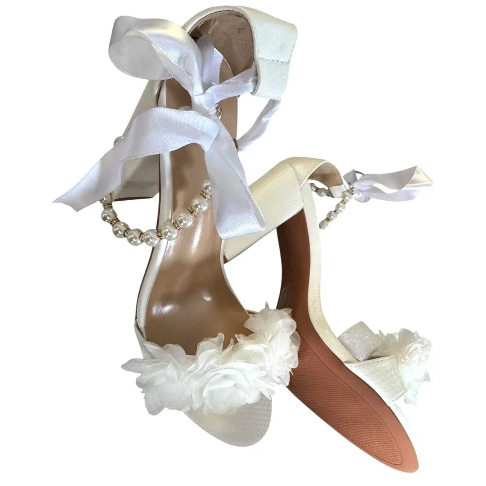 Bride Wedding‎ Block Heel Sandals With Pearl & Ribbon Details Size EU 41 NWB